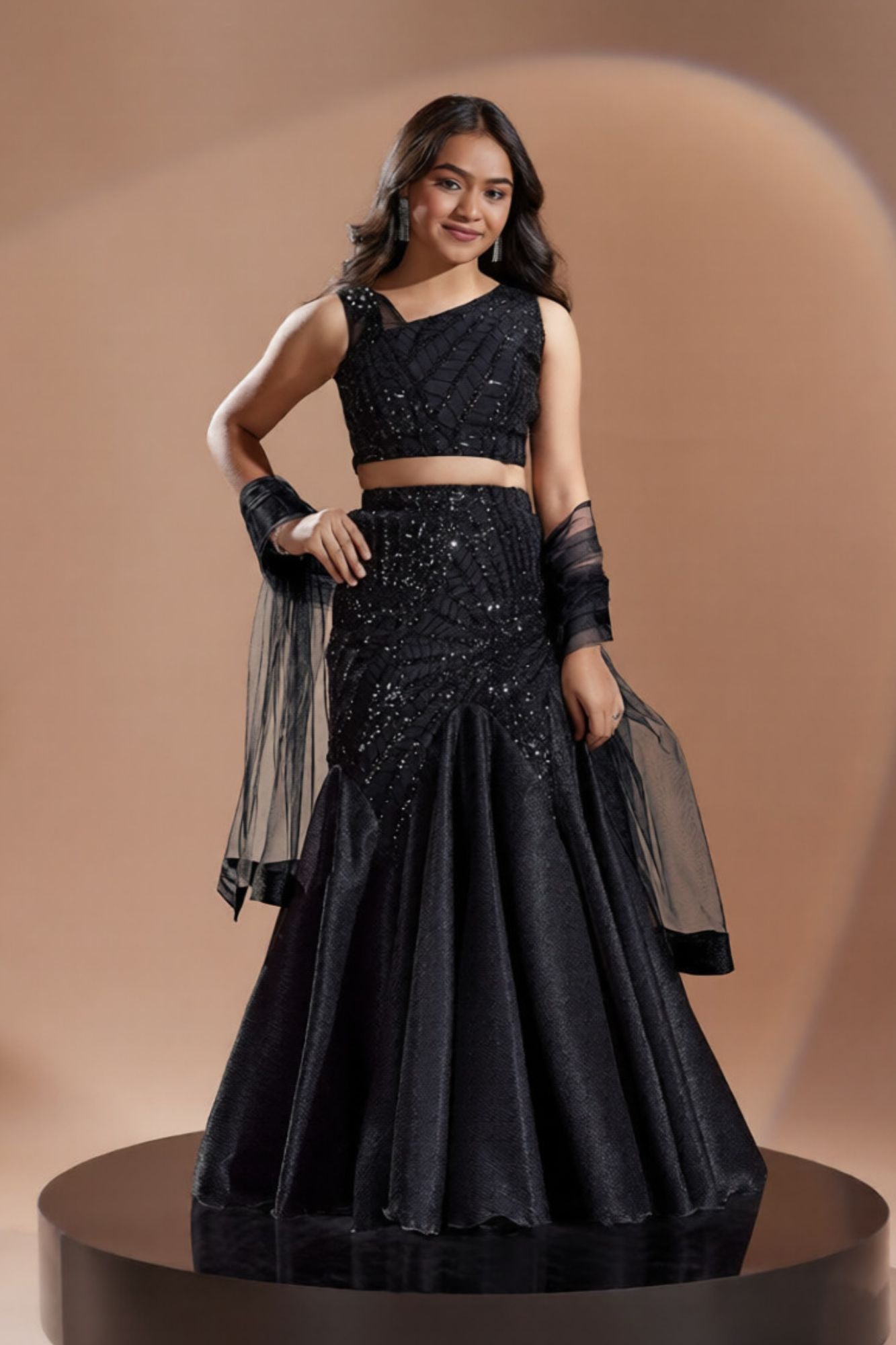 Black Sequin Embellished Fish Cut Lehenga Set For Girls – Lagorii Kids