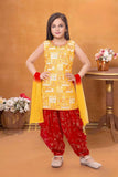 Yellow Kurti With Red Patiala Suit Set For Girls