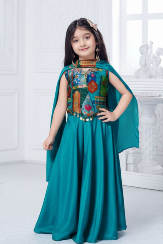Blue Embellished Palazzo Set with Coin Lace Detailing For Girls