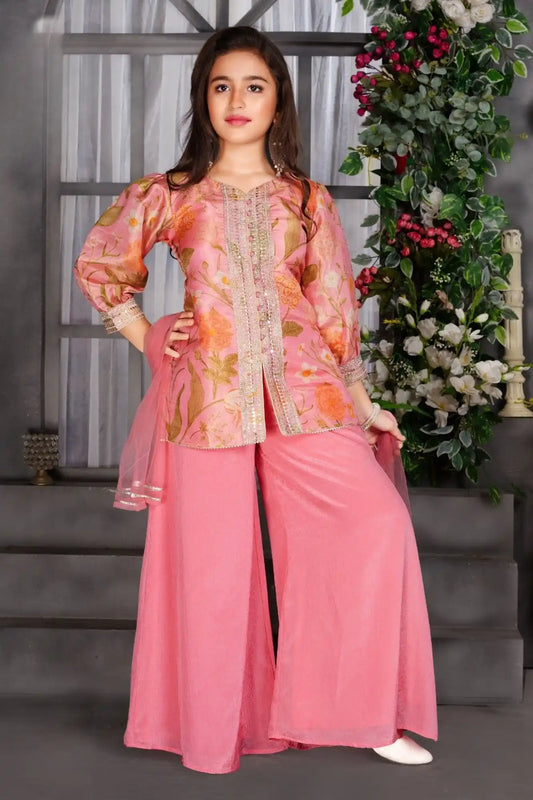 Pink Floral Kurti with Palazzo Pants For Girls