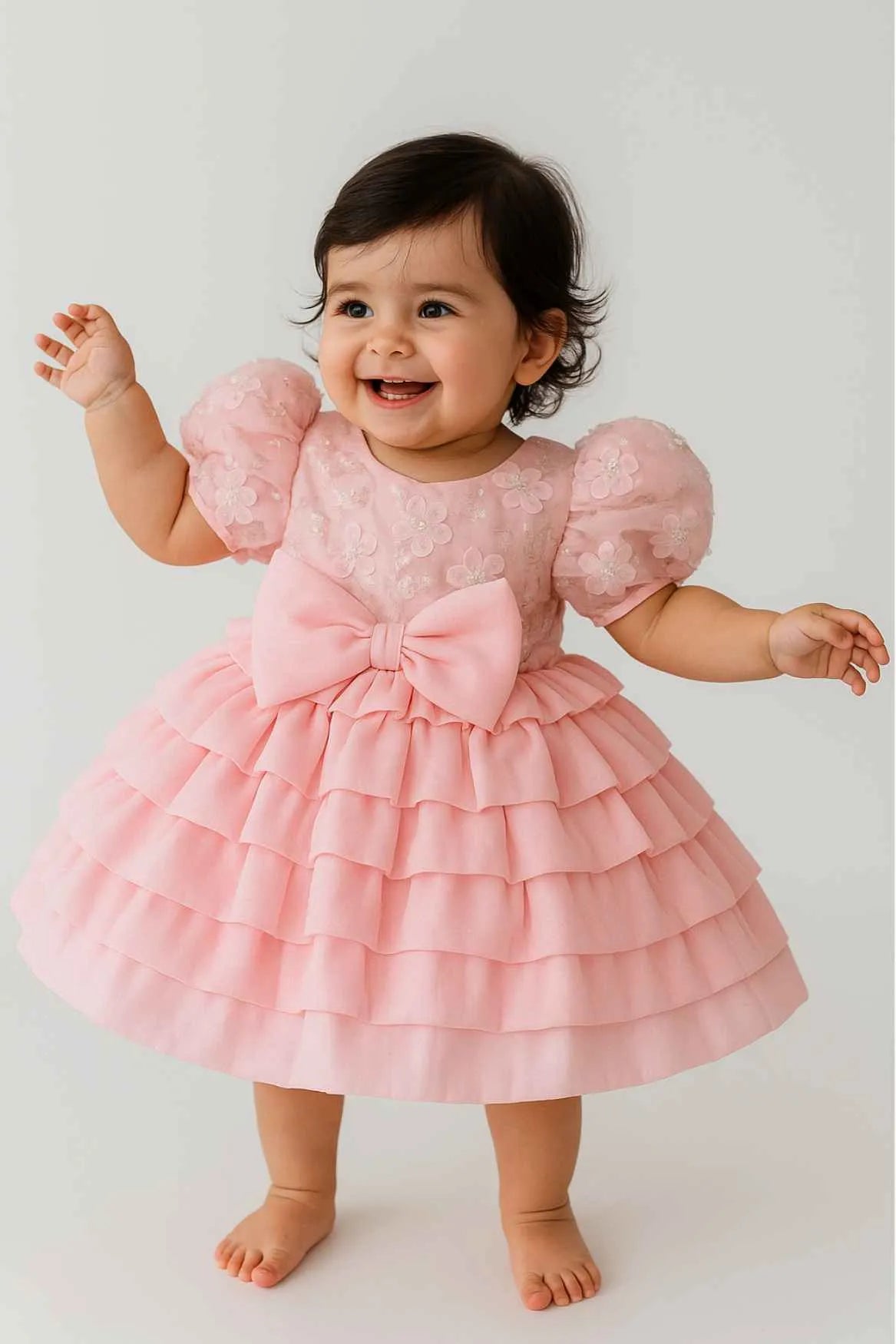 Pink Floral Embellished Party Frock With Puff Sleeves And Ruffle