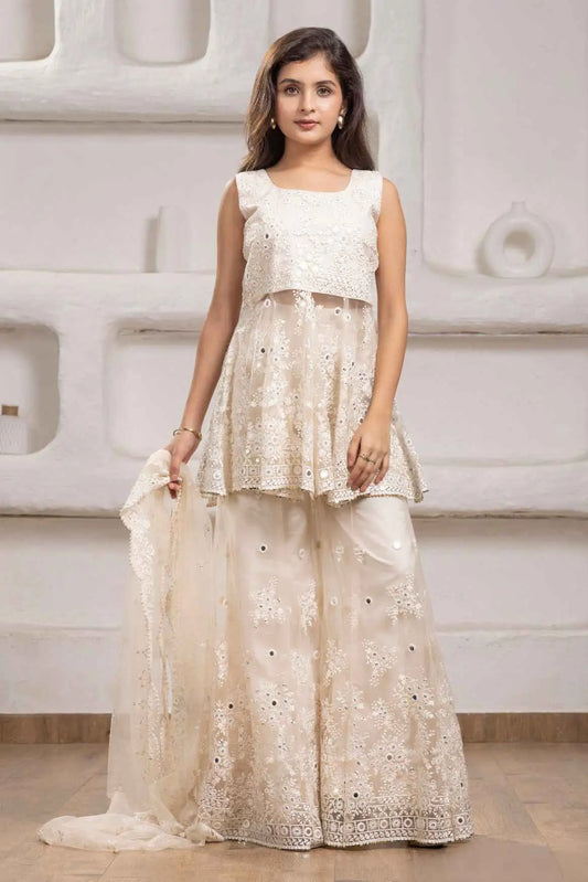 Elegant Cream Floral Embroidered And Mirror Work Palazzo Set for Girls