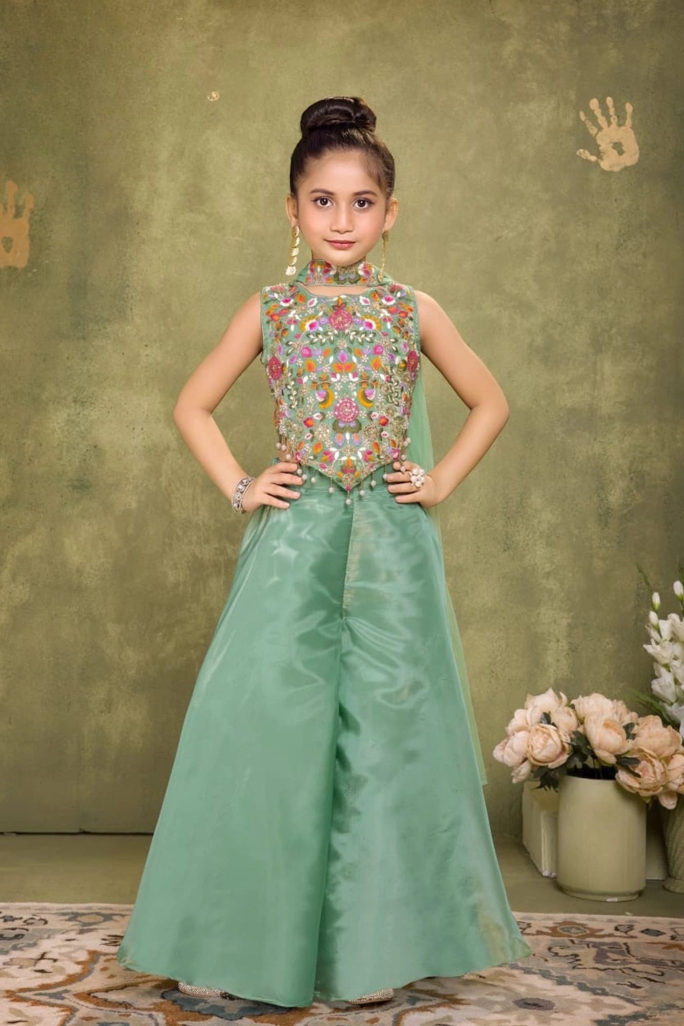 Pista Green Sequins Work With Thread Embroidery Palazzo Set For Girls 11-12Y(32)