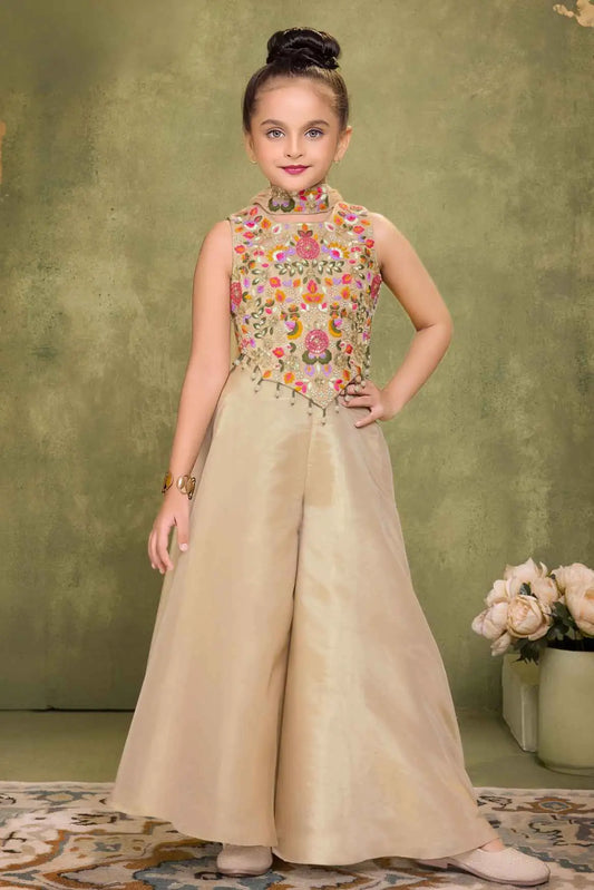 Cream Sequins Work With Thread Embroidery Palazzo Set For Girls