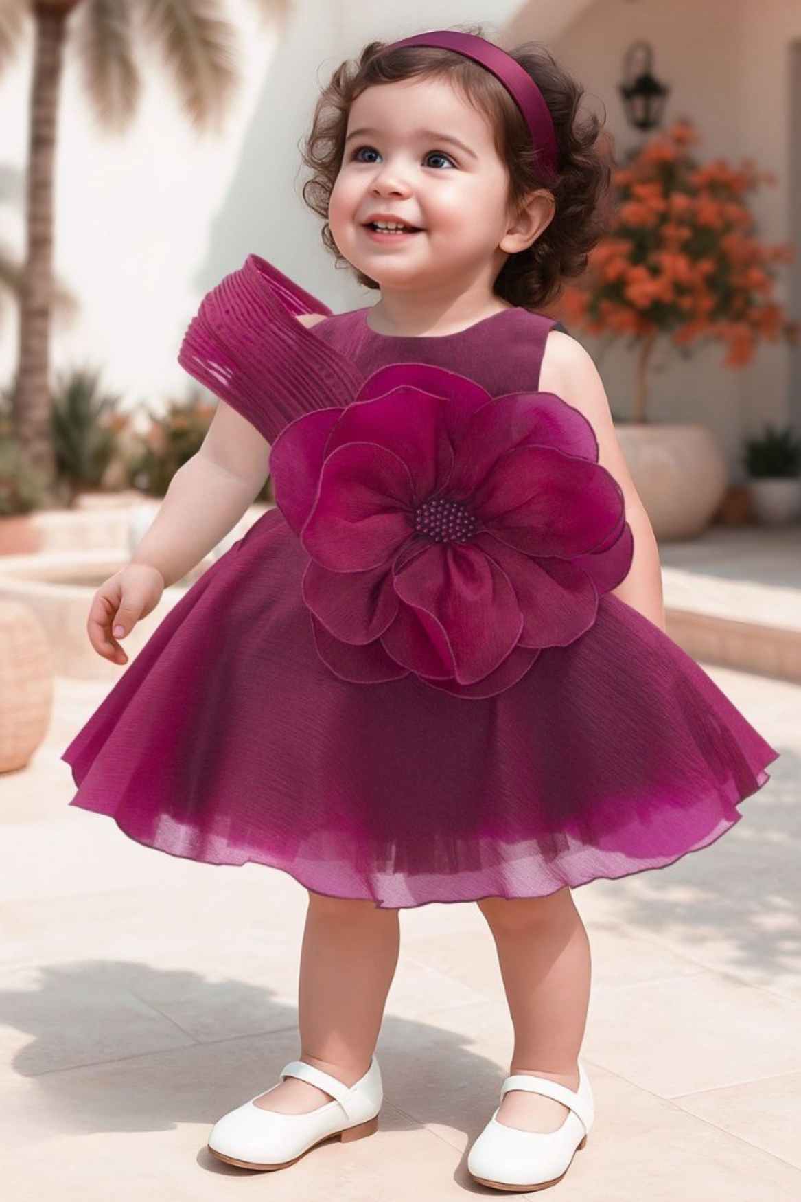 strapless open back dress Wine Bloom Dress with Giant Flower Appliqué And Bow Detail For Girls –  Lagorii Kids