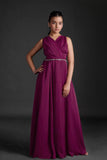 Wine Satin Evening Gown with Pleated Overlap Bodice For Girls