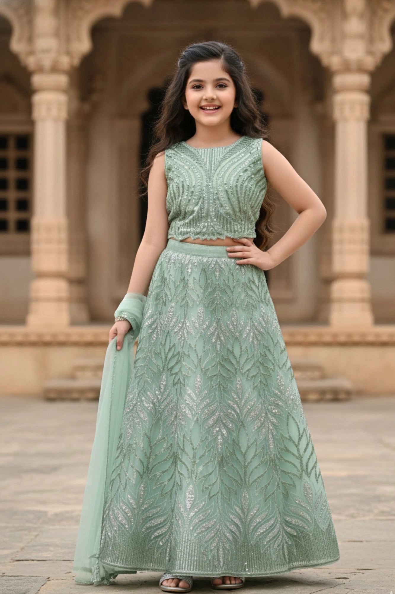 choli lehenga dress Mint Green Embroidered Lehenga Choli Set For Girls 16Y+ (40)