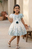 Cream Floral Party Frock with Mint Blue Rose Print & Puff Sleeves For Girls