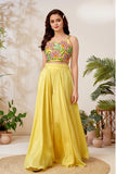 Yellow Embroidered Floral Crop Top with Flowing Palazzo For Girls