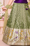 Olive Green And Purple Pattu Pavadai Set with Zari Border and Dupatta For Girls