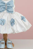 White & Sky Blue Butterfly Bow Party Wear Dress for Girls