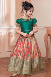 Green & Peach Banarasi Tissue Silk Pattu Pavadai Set with Embroidered Collar For Girls