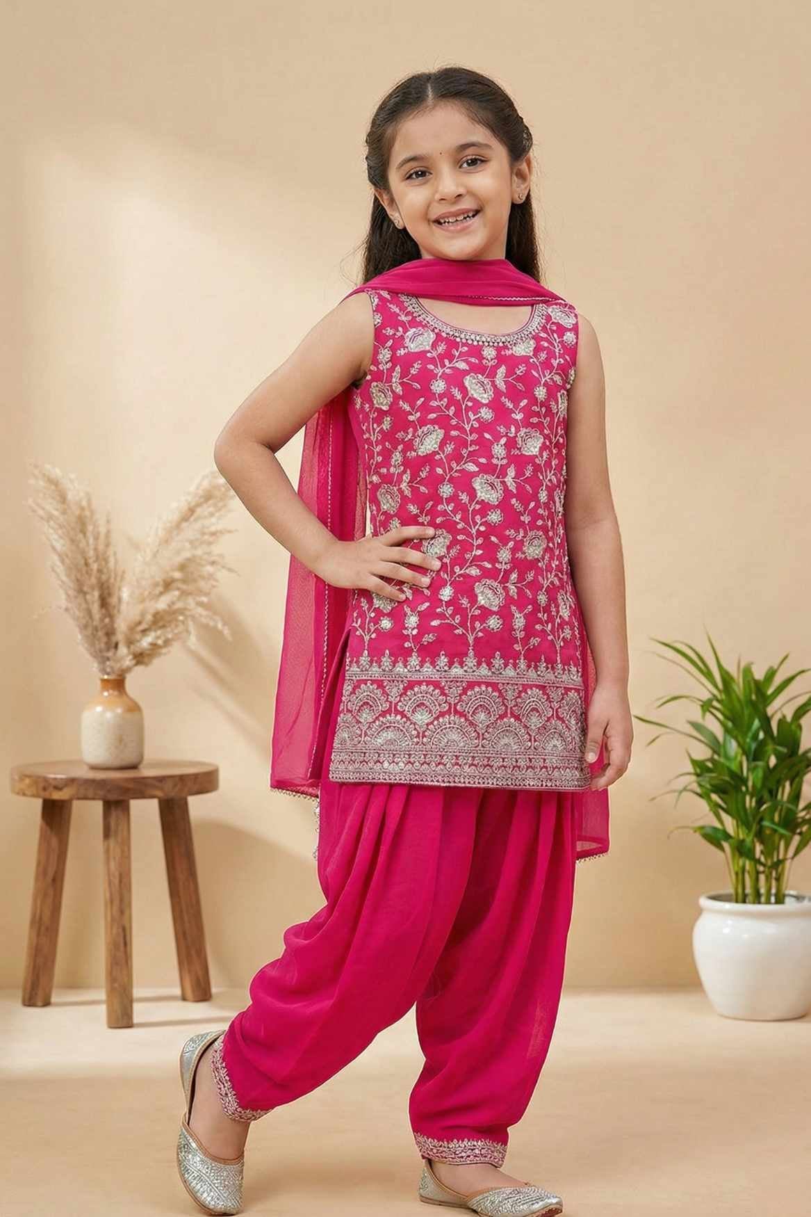 Rani Pink Embroidered Patiala Suit Set For Girls 13-14Y (36)