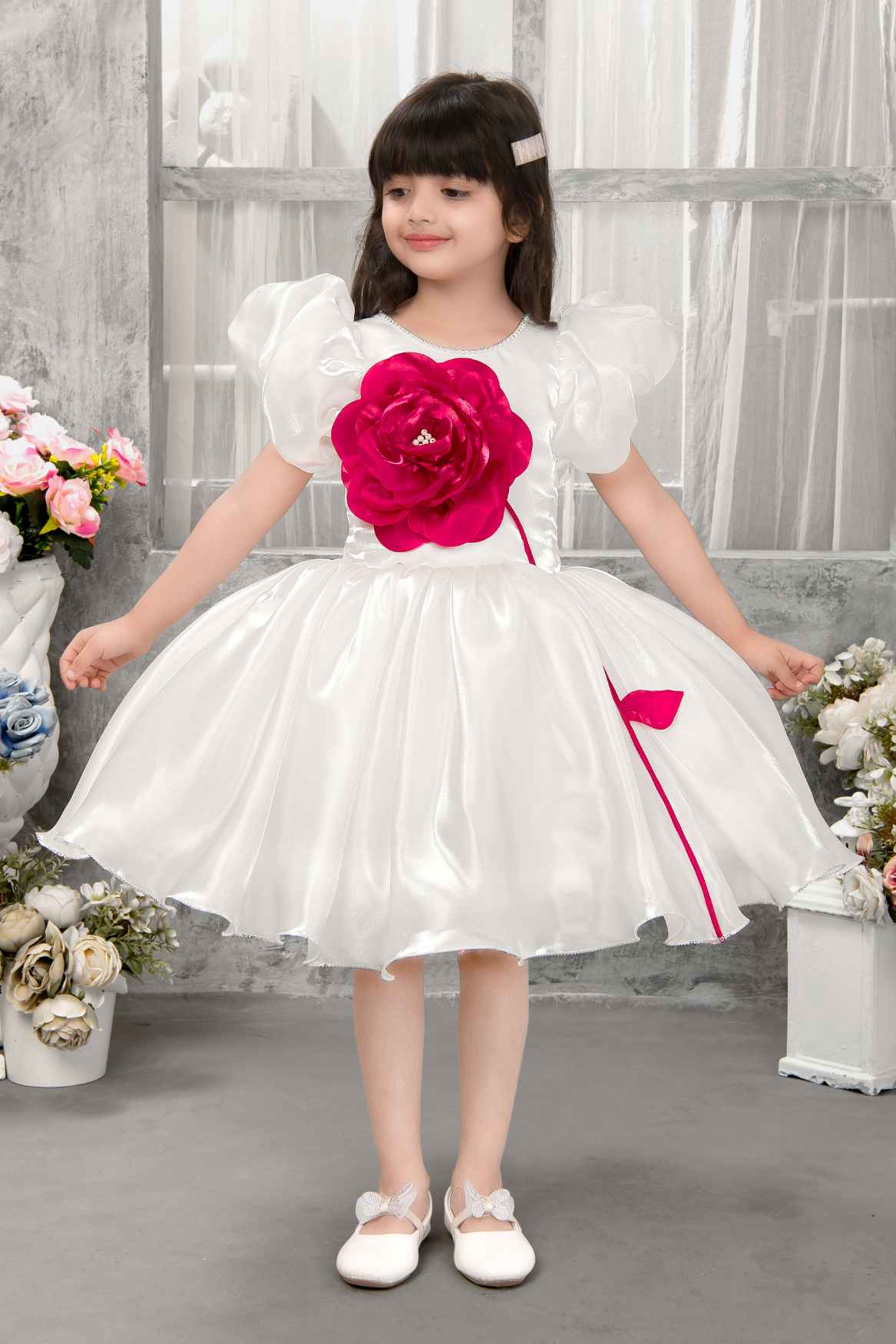 White Satin Puff Sleeve Dress With 3D Red Flower For Girls White Satin Puff Sleeve Dress With 3D Red Flower For Girls
