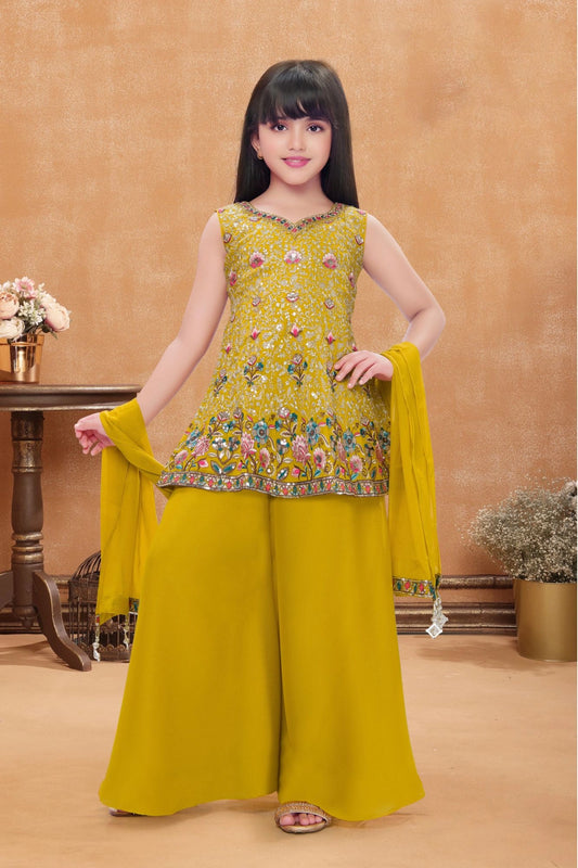 Mustard Yellow Embroidered Palazzo Set with Dupatta For Girls