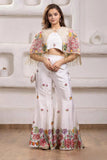 Elegant White Floral Embroidered Palazzo Set  With Embroidered Cape For Girls
