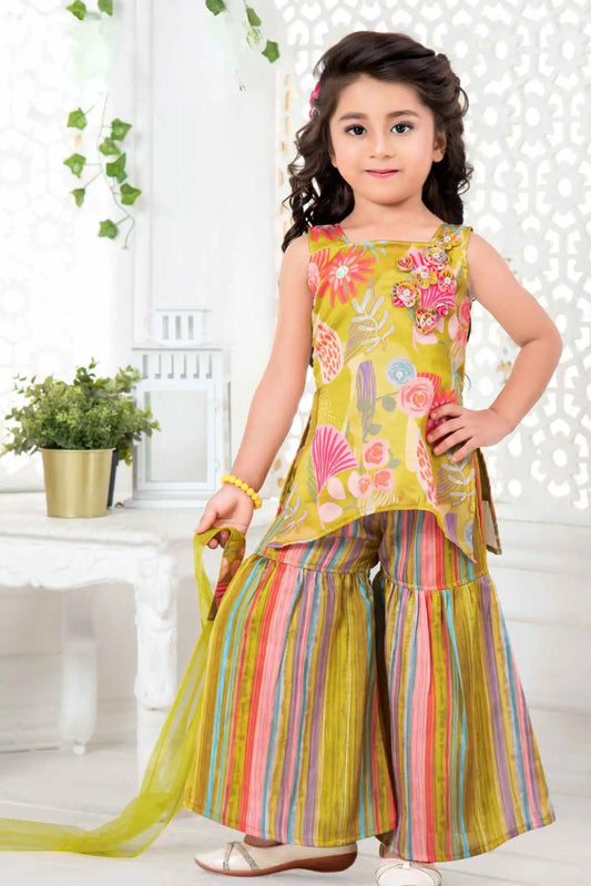 Yellow Floral Kurti and Striped Sharara Set With Dupatta For Girls