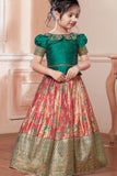 Green & Peach Banarasi Tissue Silk Pattu Pavadai Set with Embroidered Collar For Girls