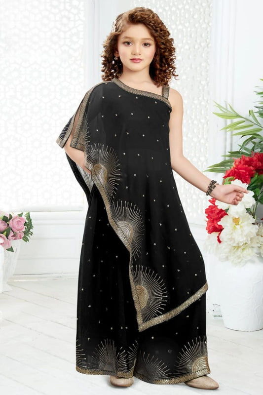 Designer Black Embellished One-Shoulder Palazzo Set For Girls