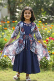 Blue Gown With Floral Printed Long Jacket For Girls