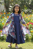 Blue Gown With Floral Printed Long Jacket For Girls