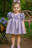 Purple Puff Sleeve And Bow Embellished Frock For Girls