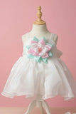 White Party Frock with Pastel 3D Lotus Flower Appliqué For Girls