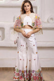 Elegant White Floral Embroidered Palazzo Set  With Embroidered Cape For Girls
