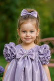 Purple Puff Sleeve And Bow Embellished Frock For Girls