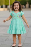 Elegant Turquoise Hakoba And Embroidered Frock For Girls
