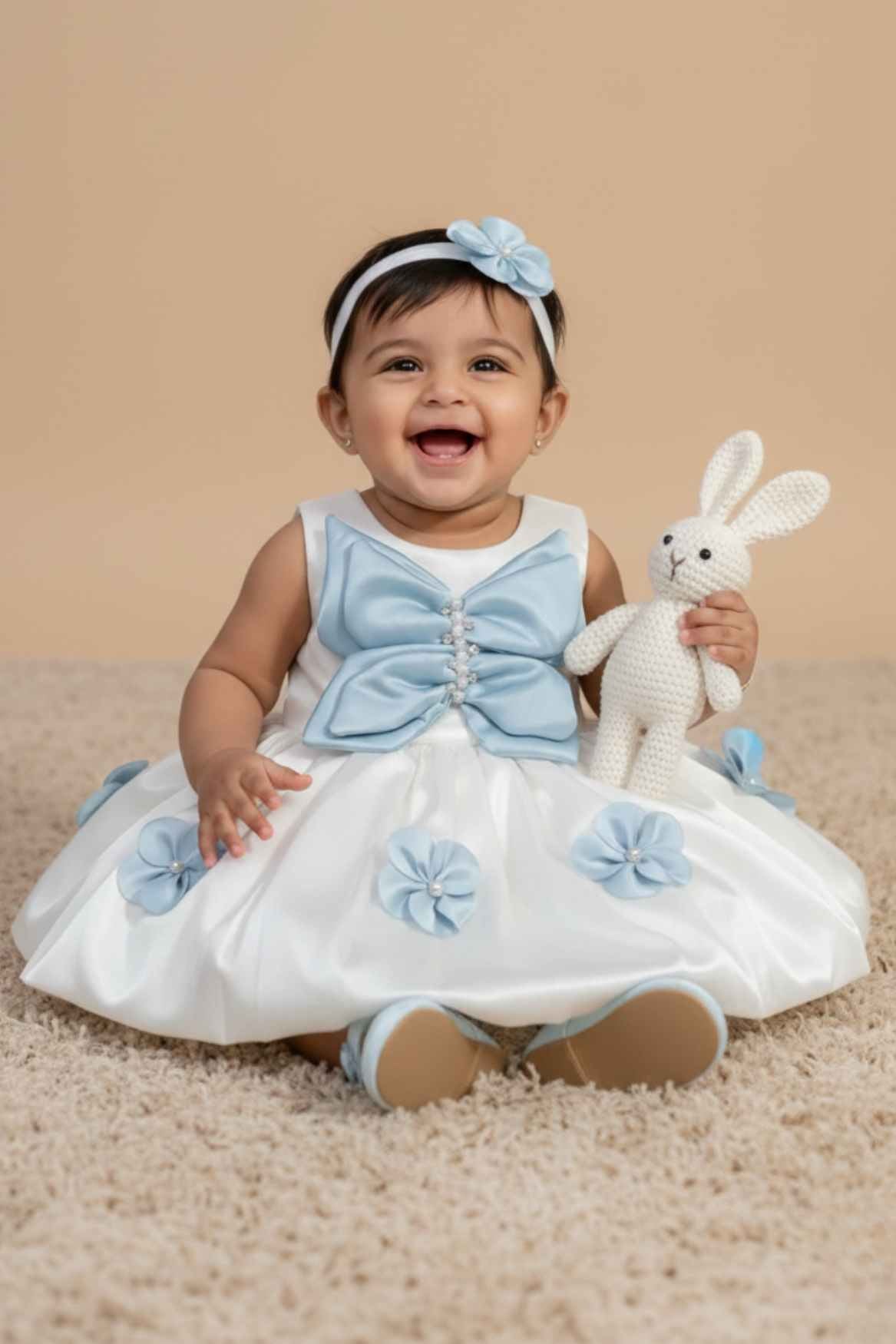 white dress with blue butterflies White Tulle and Blue Flowers Short Party Dress, Off the Shoulder A-Line Homecoming Dress US 8 / White main image 0