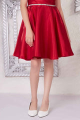 Red Satin Frock Embellished with stone waist Band For Girls