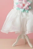 White Party Frock with Pastel 3D Lotus Flower Appliqué For Girls