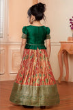 Green & Peach Banarasi Tissue Silk Pattu Pavadai Set with Embroidered Collar For Girls