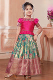Rama Green Silk Pattu Pavadai with Pink Puff Sleeve Top For Girls