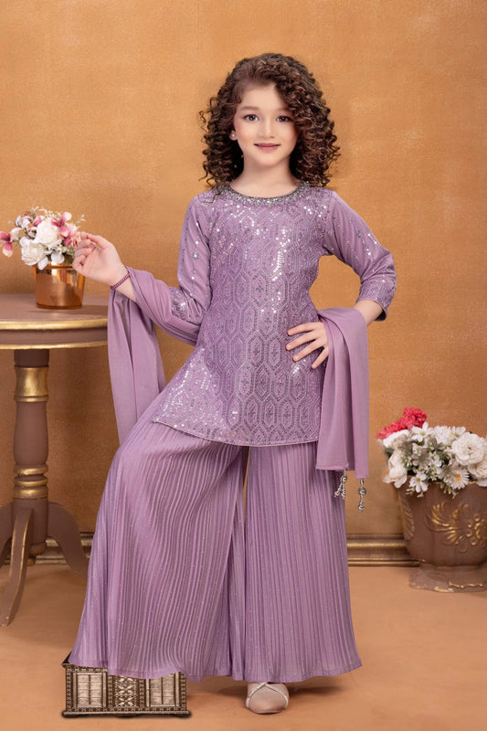 Lavender Sequin Embroidered Palazzo Set with Dupatta For Girls