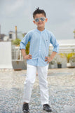 Sky Blue Striped Shirt With White Pant Set For Boys