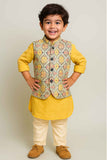 Mustard Yellow Kurta Pyjama Set With Printed Waist Coat For Boys
