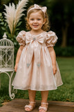 Peach Puff Sleeve And Bow Embellished Frock For Girls