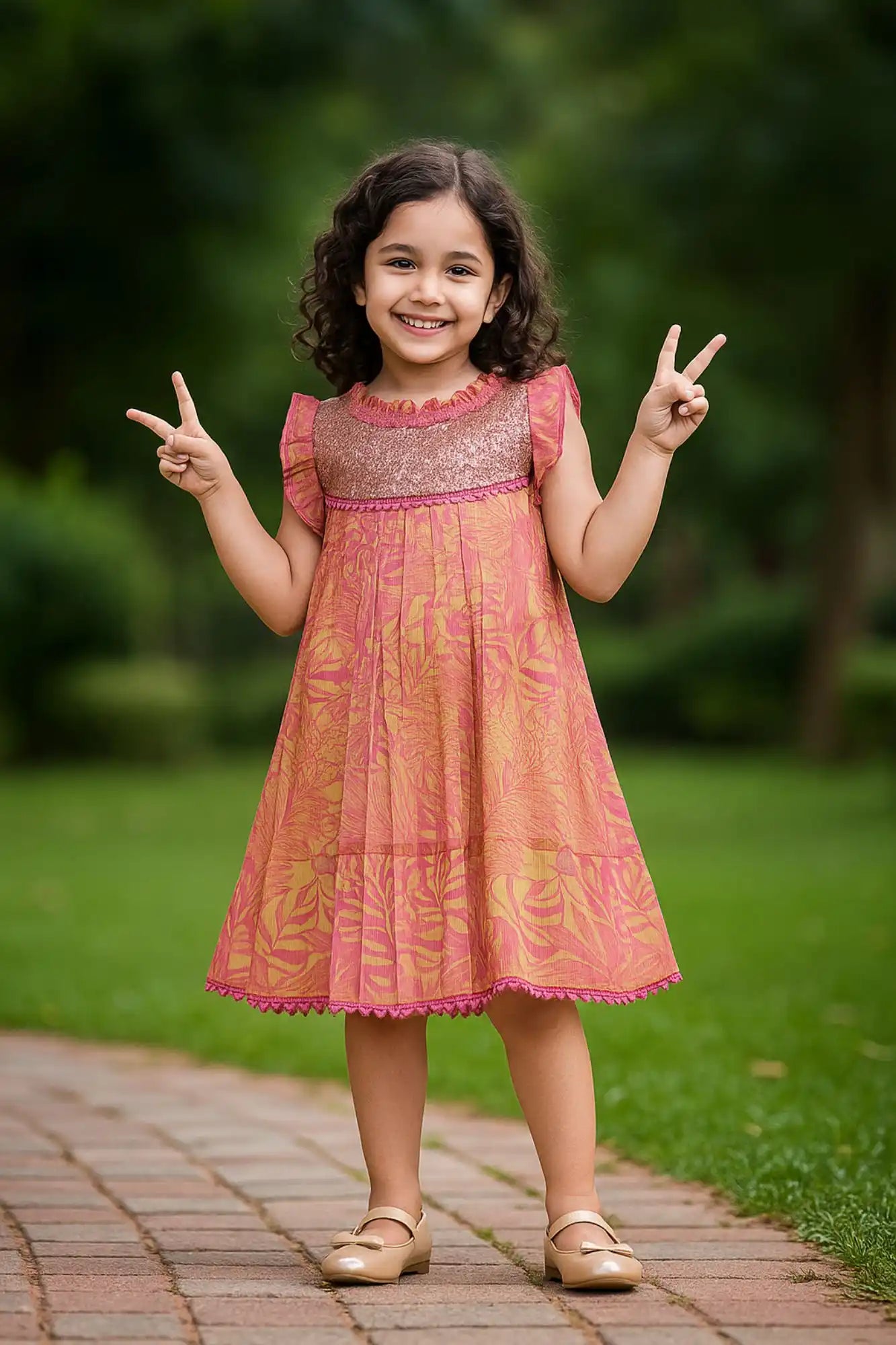 Pink Printed Dress with Sequined Glitter & Frill Sleeves For Girls - 3-4Y(22) Pink Printed Dress with Sequined Glitter & Frill Sleeves For Girls - 3-4Y(22)