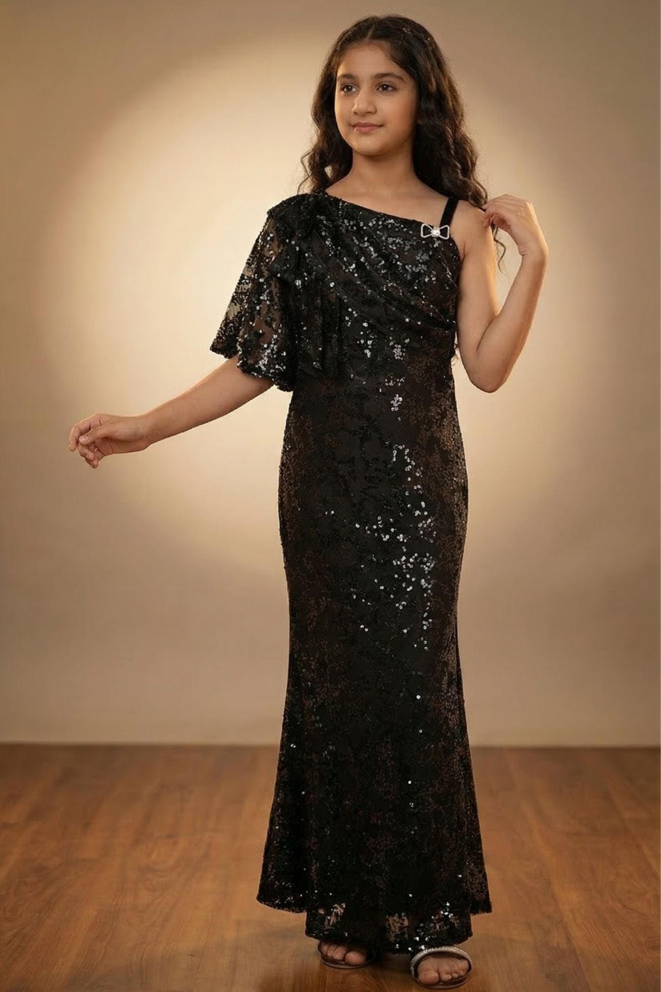 Black Sequin Embellished One-Shoulder Party Wear Gown For Girls