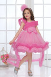 Pink Layered High-Low Tulle Party Frock with Shoulder Pleats For Girls