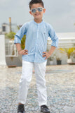 Sky Blue Striped Shirt With White Pant Set For Boys