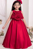 فستان أحمر مزين بالزهور للبنات