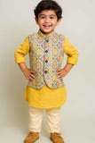Mustard Yellow Kurta Pyjama Set With Printed Waist Coat For Boys