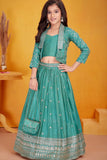 Teal Green Embroidered Lehenga Choli With Jacket For Girls