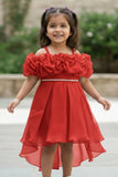 Red Ruffle Layered Party Wear Frock With Shimmer Strap For Girls