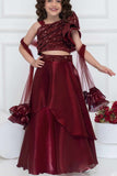 Maroon Organza Lehenga Choli And Dupatta For Girls