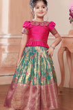 Rama Green Silk Pattu Pavadai with Pink Puff Sleeve Top For Girls