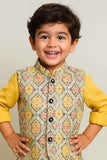 Mustard Yellow Kurta Pyjama Set With Printed Waist Coat For Boys